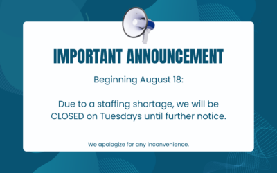 Closed Tuesdays – starting 8/18